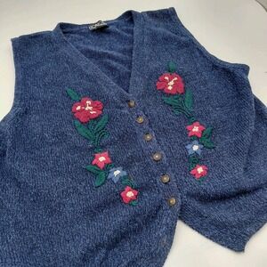 Vtg HONORS Blue Ramie Blend Floral Embroidery Button Knit Vest Womens L Cottage